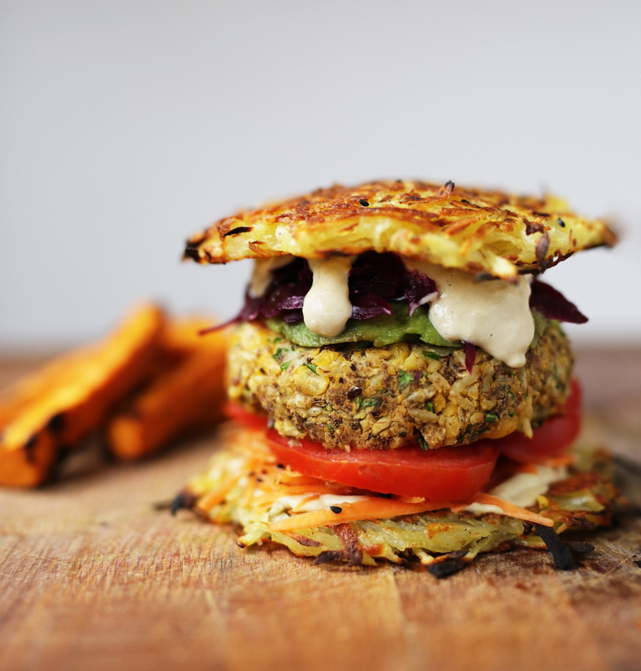 A stacked plant based burger